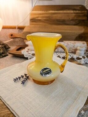Vintage Kanawha Yellow Cased Glass Mini Pitcher / Creamer Vase - MCM Foil Label